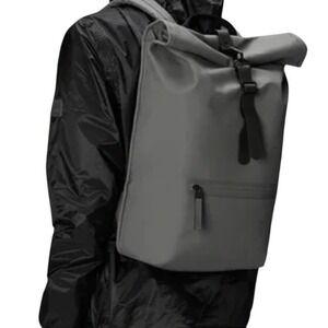 Rains Roll Top Rucksack Waterproof Backpack Slate Grey Carabiner Closure Mens